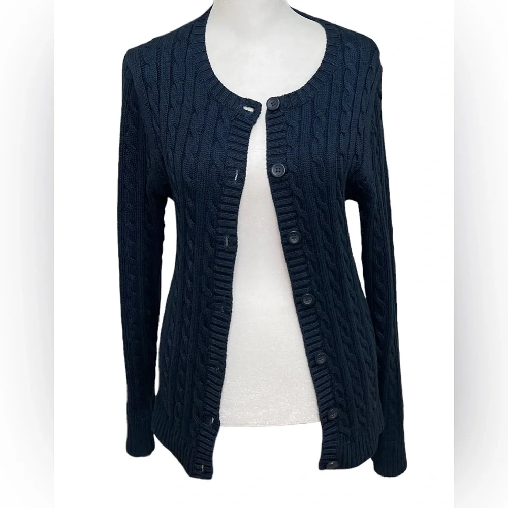 L.L. Bean Navy Cable Knit Cardigan - Picture 3 of 8